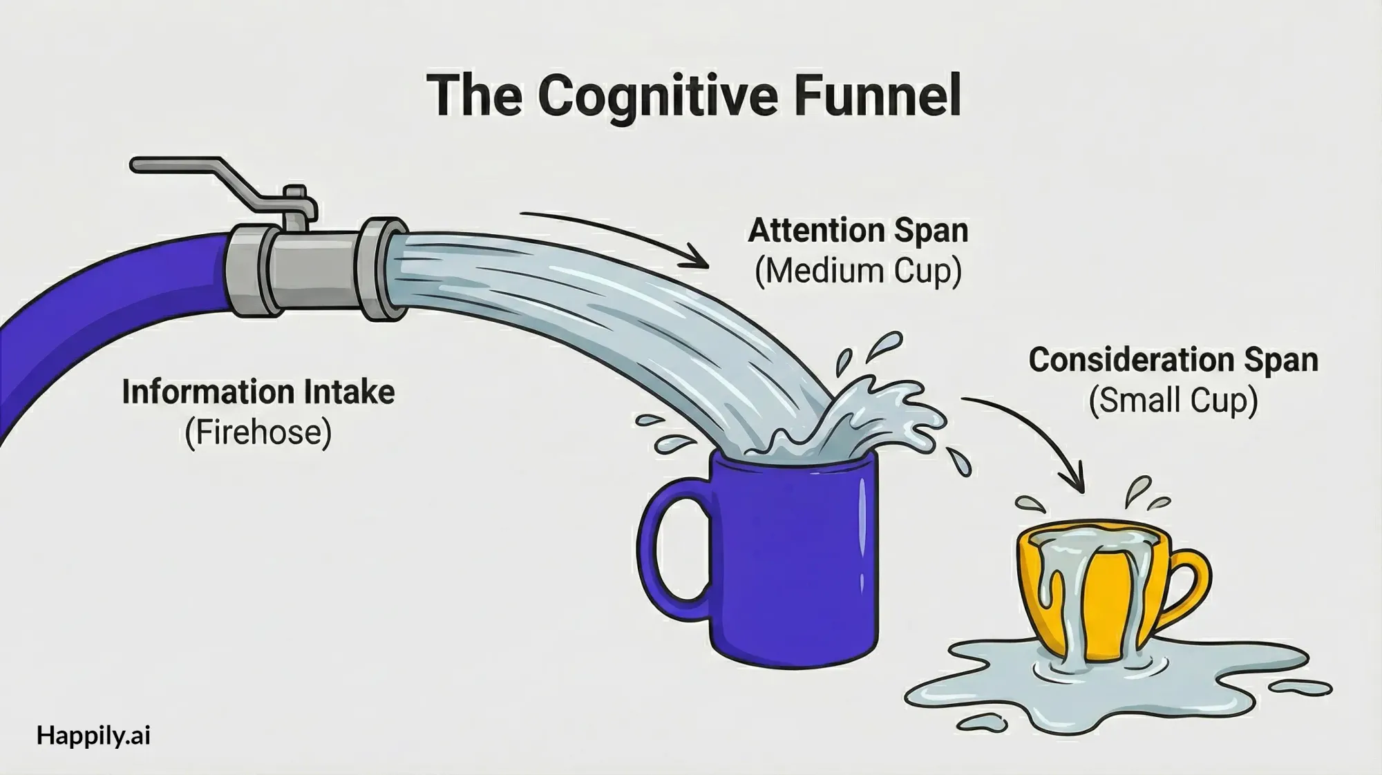 The Cognitive Funnel (information intake vs attention span vs consideration span)