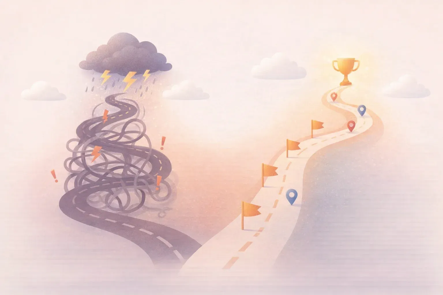 Two paths diverging - one chaotic and tangled, one structured with clear waypoints, both leading to 