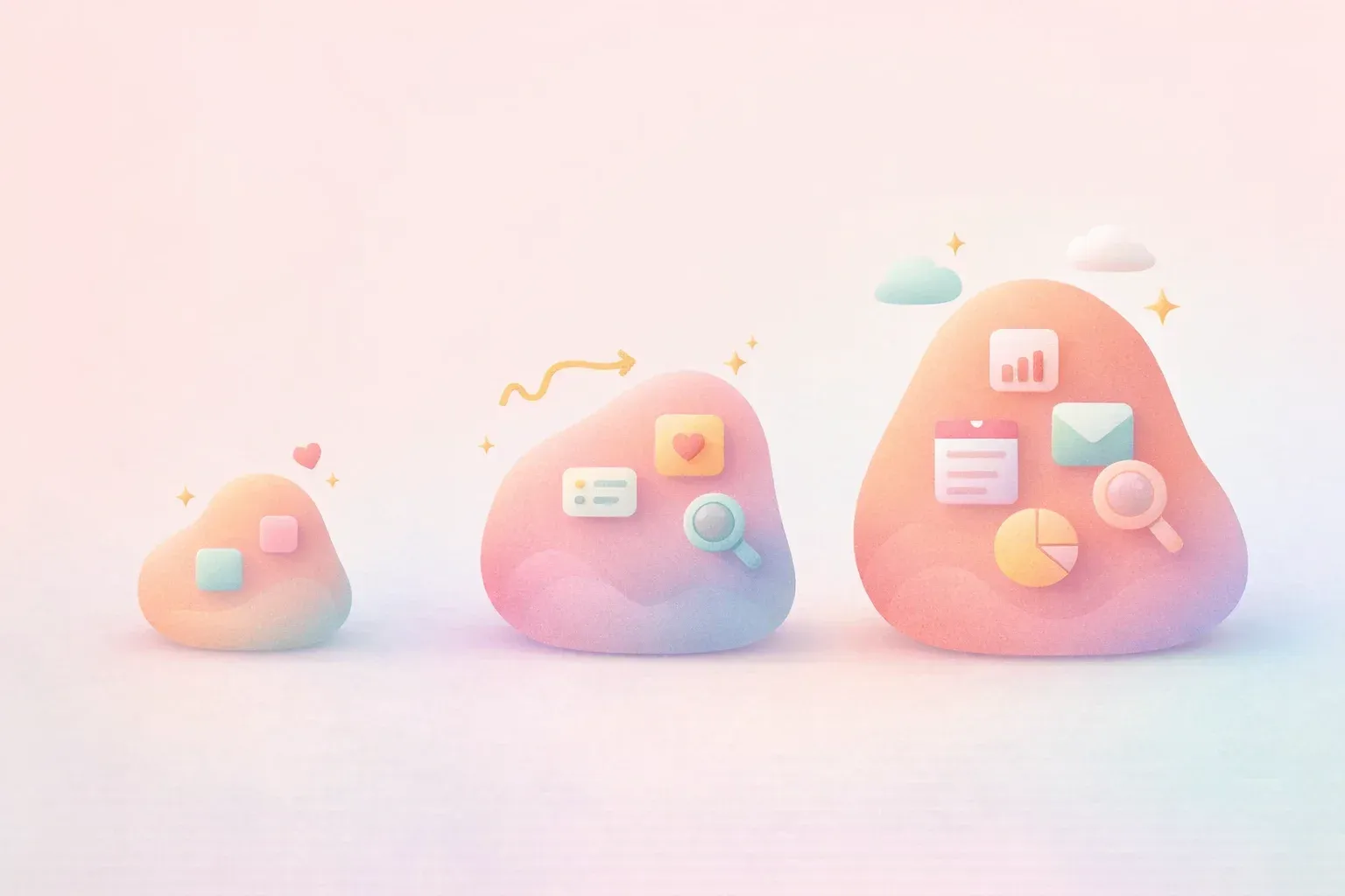 Three blob shapes representing different company sizes: small (simple), medium (more complex), large