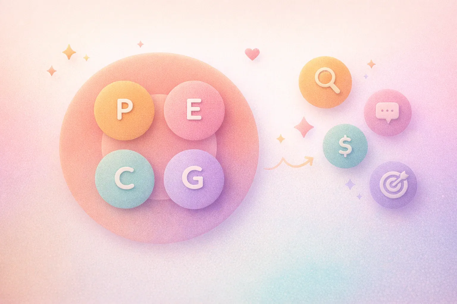 แผนภาพง่ายๆ แสดงวงกลมใหญ่หนึ่งวงที่มีวงกลมเล็กสี่วงข้างในติดป้าย P, E, C, G (Performance, Engagement