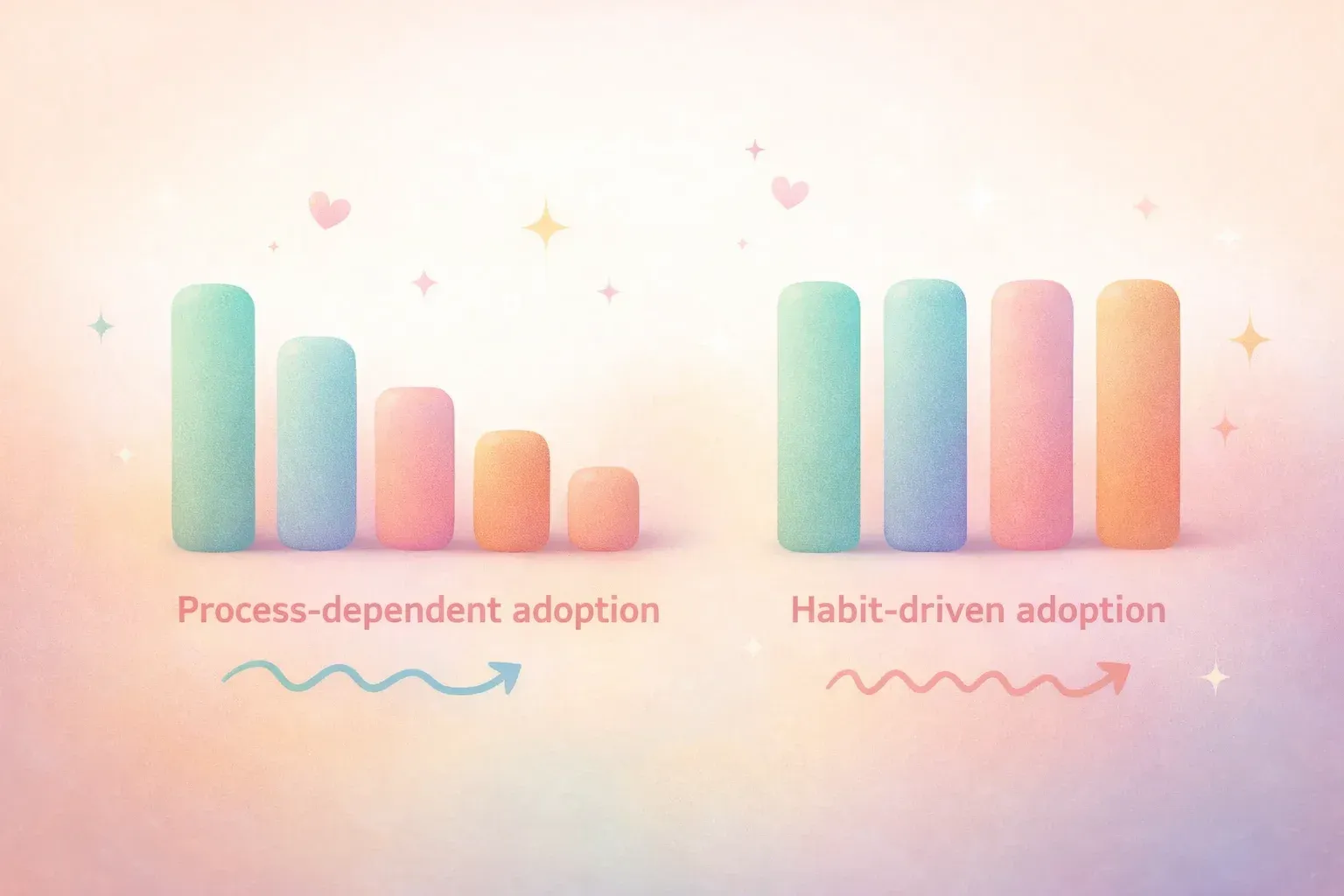 Two simple bar charts side by side. Left chart shows bars steadily declining over time (labeled 'Pro