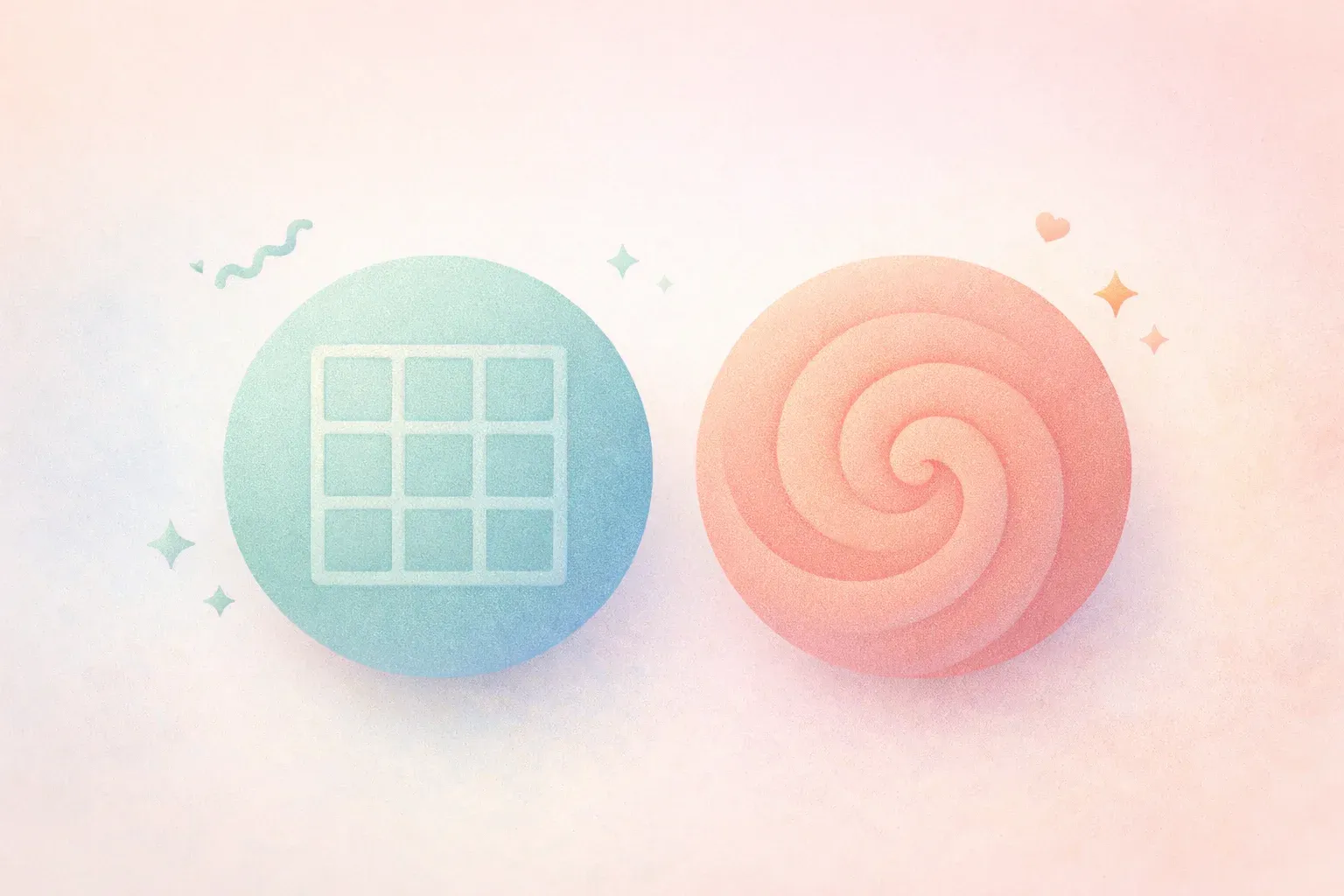 วงกลมสองวง วงกลมซ้ายมีลวดลายตาราง (แทนโครงสร้าง/กระบวนการ) วงกลมขวามีลวดลายเกลียว (แทนนิสัย/โมเมนตัม