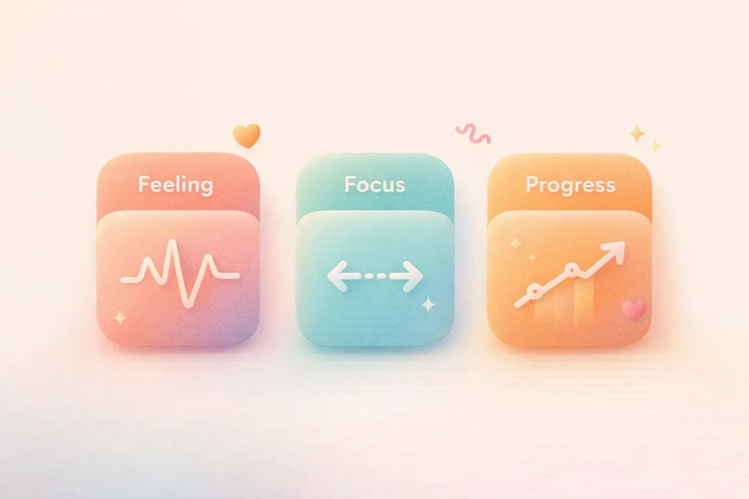 Three rounded rectangles side by side labeled 'Feeling,' 'Focus,' and 'Progress,' each containing a 