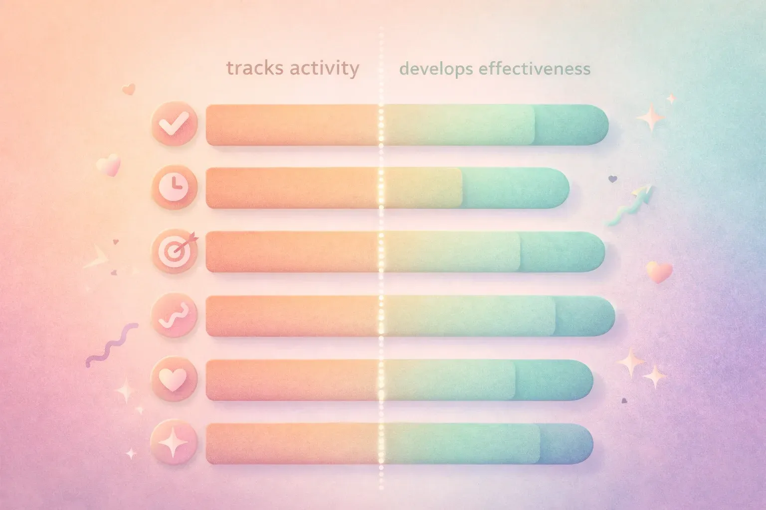 Six horizontal bars of different lengths arranged vertically, each labeled with a small icon represe