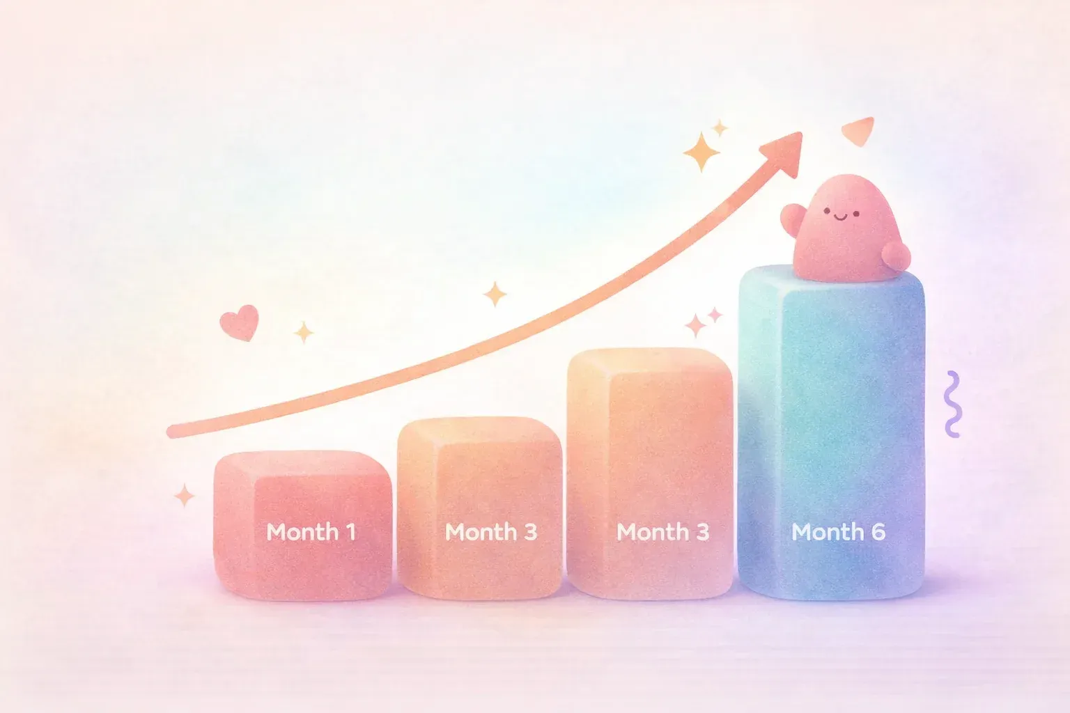 Three descending bars labeled Month 1, Month 3, Month 6 showing typical adoption decay curve with a 