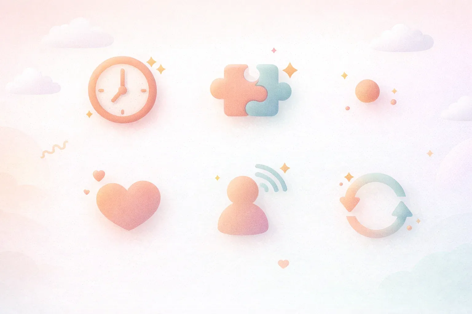 Six small icons arranged in two rows of three, each representing one principle: a clock (daily), a p