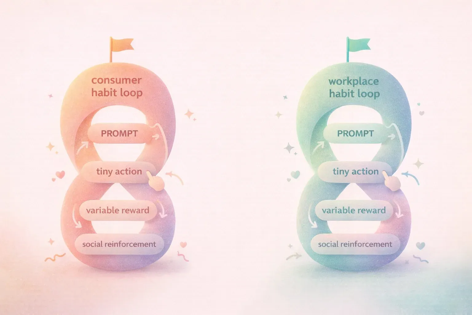 Two parallel vertical loops, one labeled 'consumer habit loop' and one labeled 'workplace habit loop
