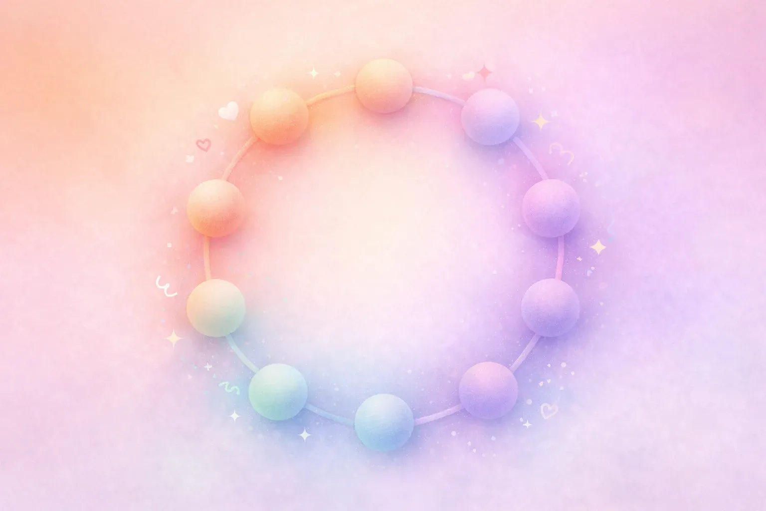 Eleven soft glowing nodes arranged in a circle, connected by gentle gradient threads, each node a di