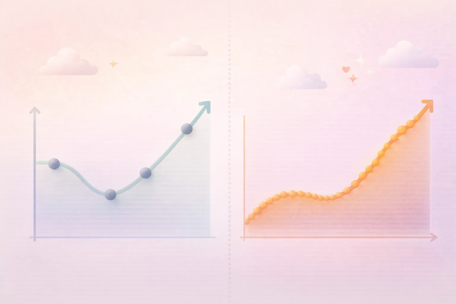 Two contrasting timelines side by side. Left shows sparse quarterly data points with large gaps. Rig