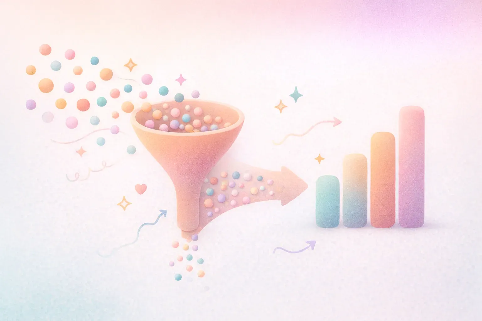 A simple funnel diagram showing many small dots flowing into a filter, then emerging as an aggregate