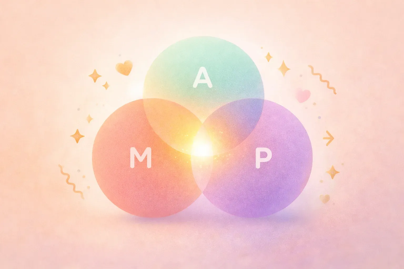 Three overlapping translucent circles labeled M, A, P converging at a glowing center point