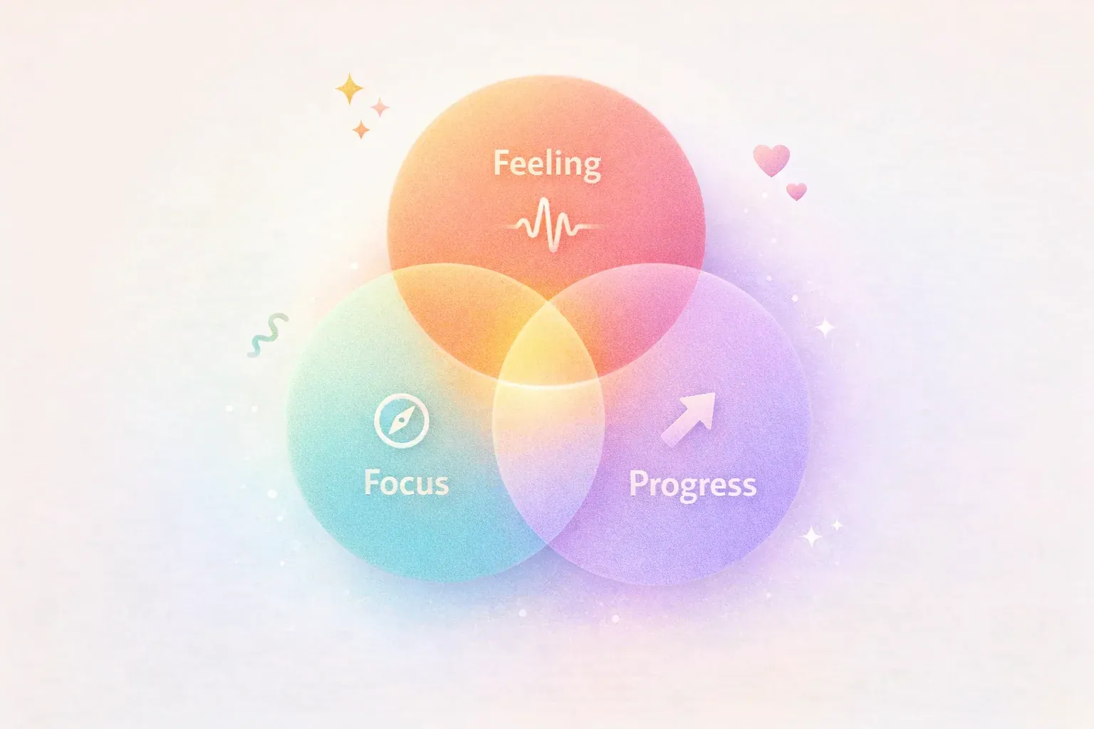 Three overlapping circles in a Venn diagram arrangement. Top circle labeled 'Feeling,' bottom-left l