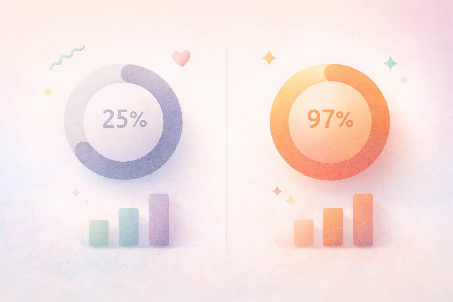 A simple two-column comparison. Left column shows a small partially-filled circle (25%) in grey. Rig