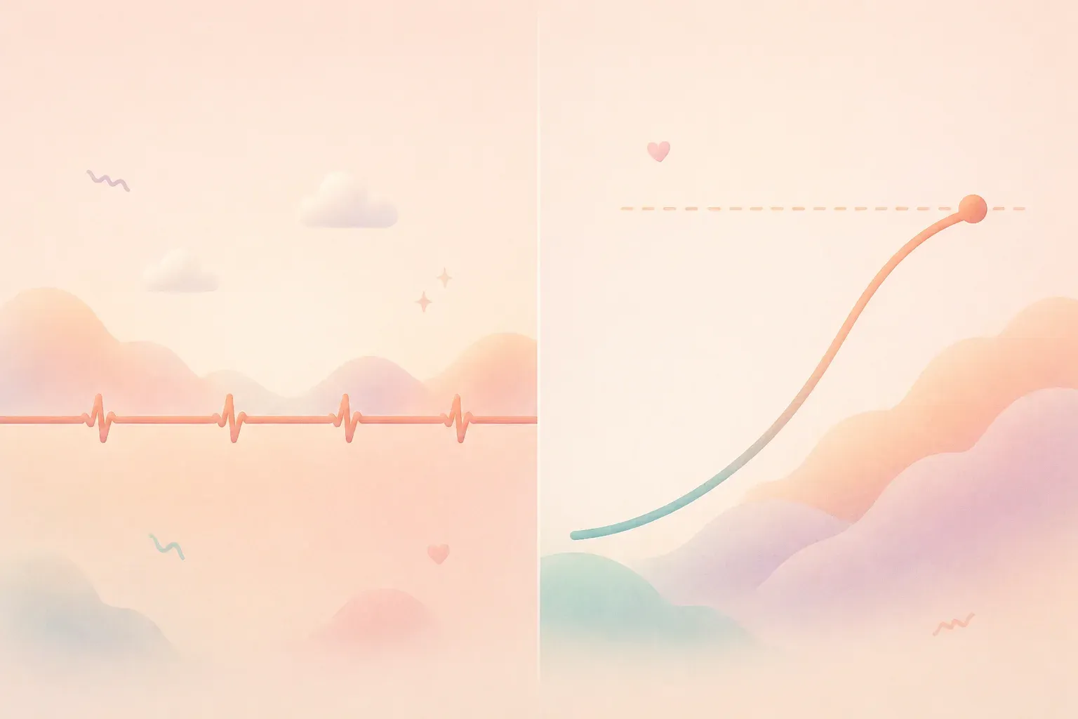 A clean horizontal split showing KPI as a steady horizontal line on the left and OKR as a rising curve on the right