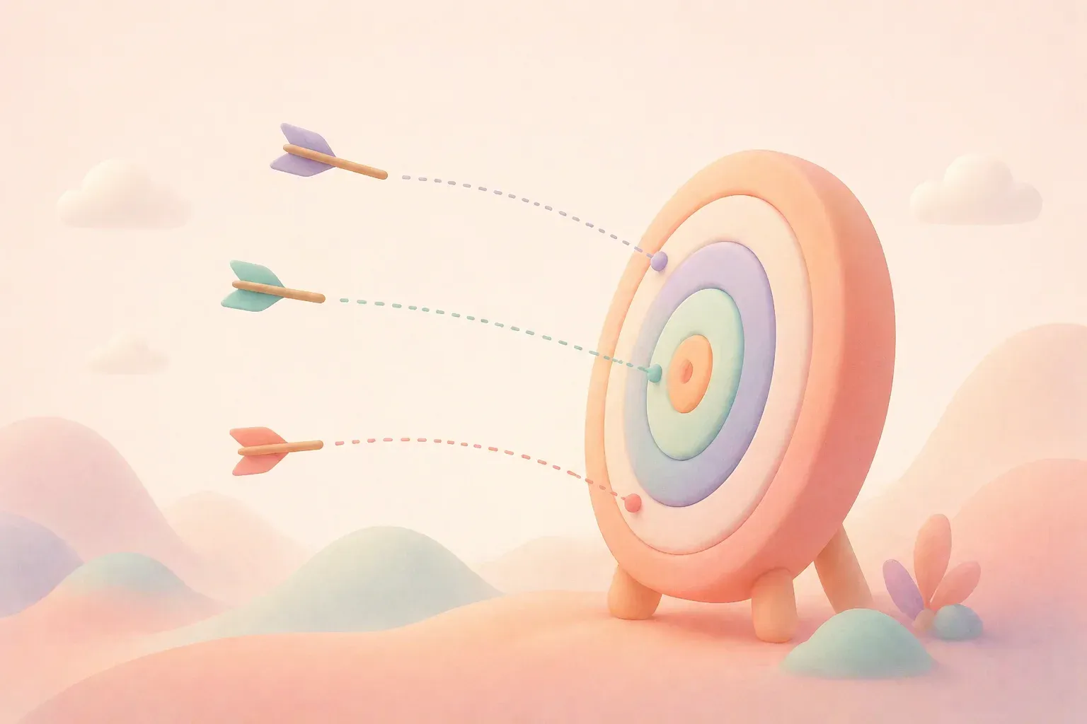 A simple archery target seen from the side with three arrows landing at different points