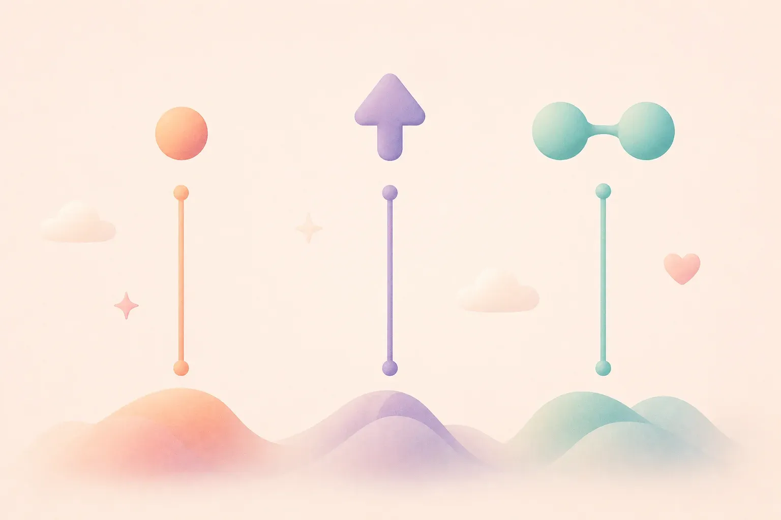 Three vertical columns side by side, each with a simple geometric shape at the top representing one 