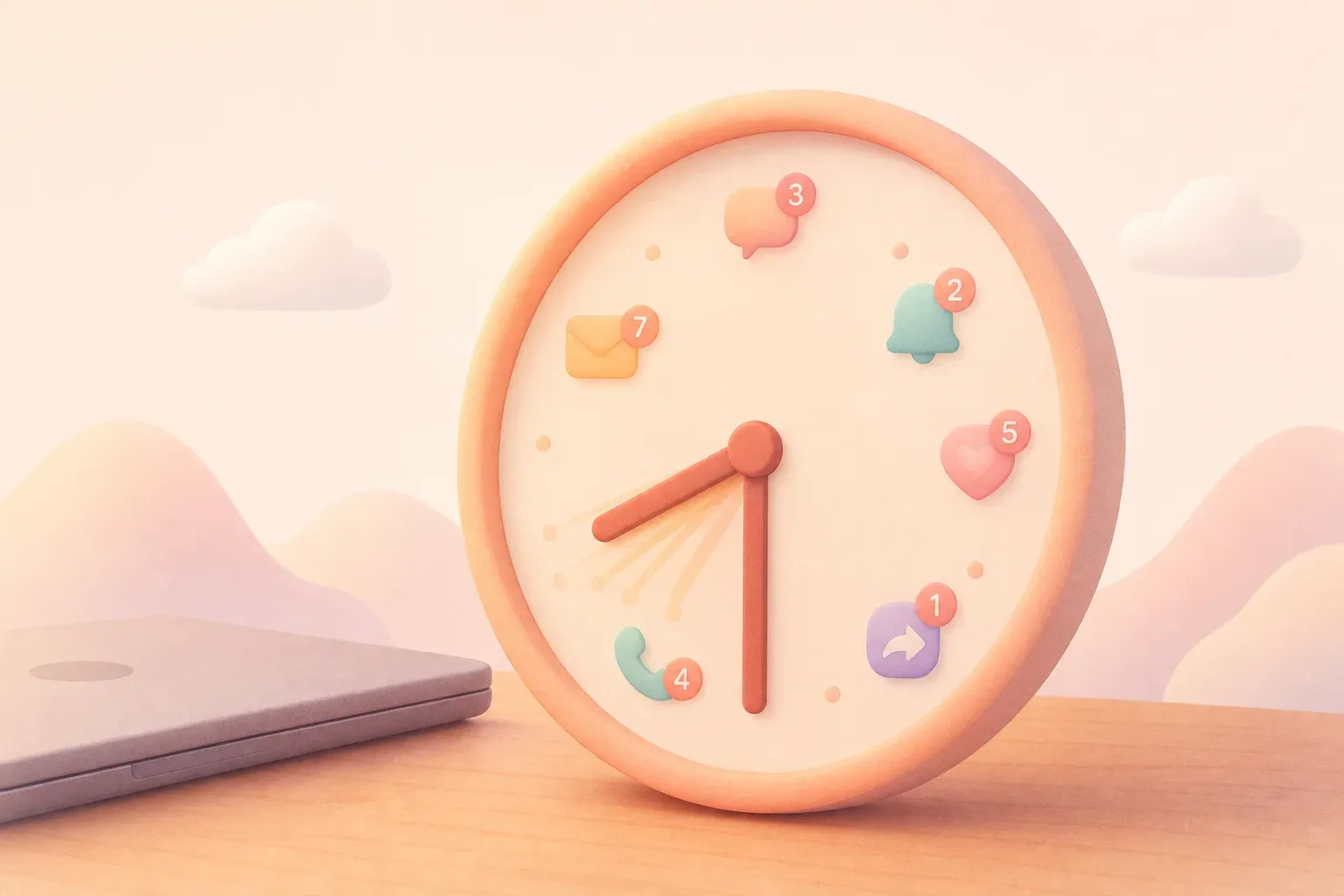 A clock face where the numbers blur into smartphone notification icons. The hands of the clock point