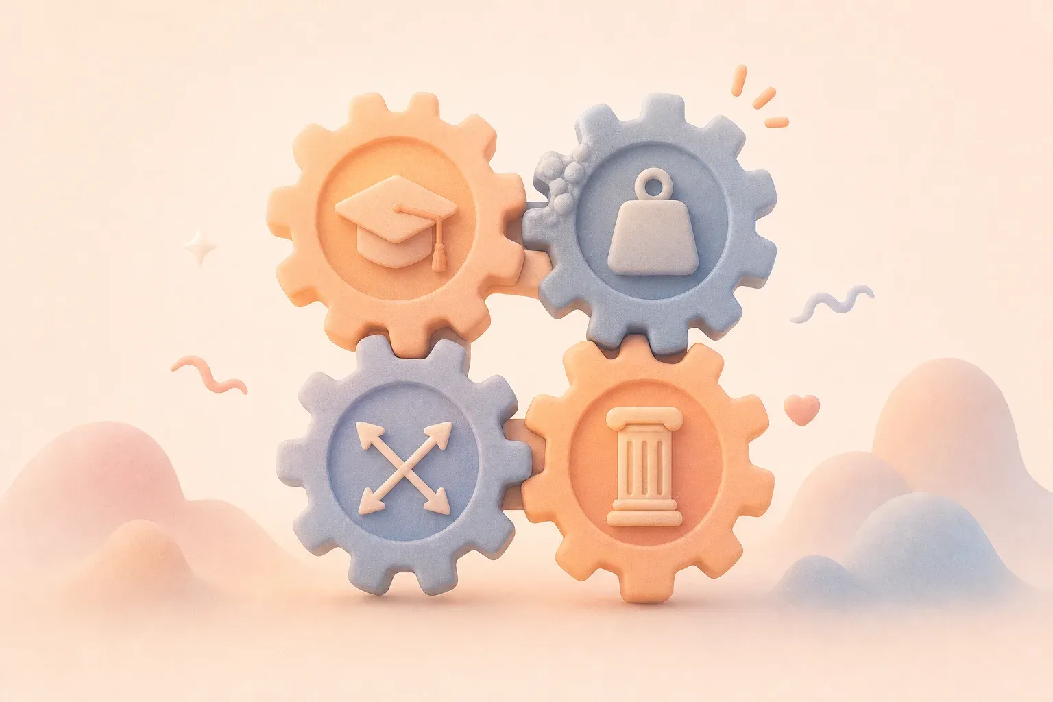 Four interconnected gears in a square formation. Each gear is labeled with a small icon. Top-left ge