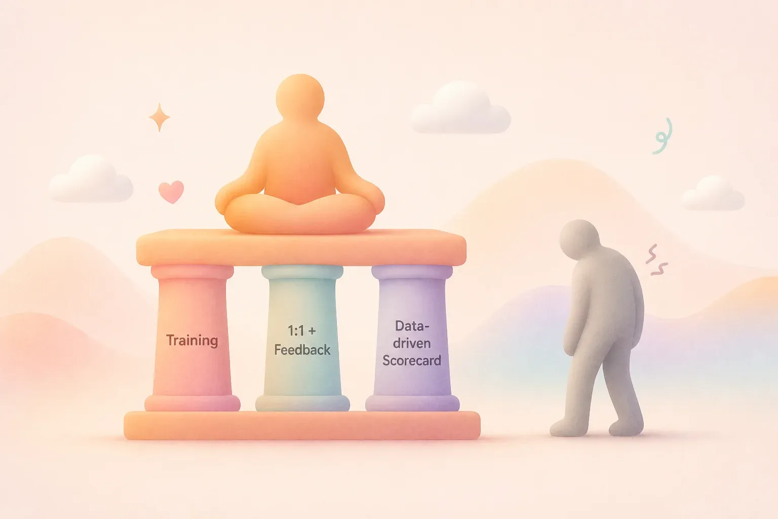 A simple infrastructure diagram. At the base, three pillars labeled 'Training,' '1:1 + Feedback,' 'D