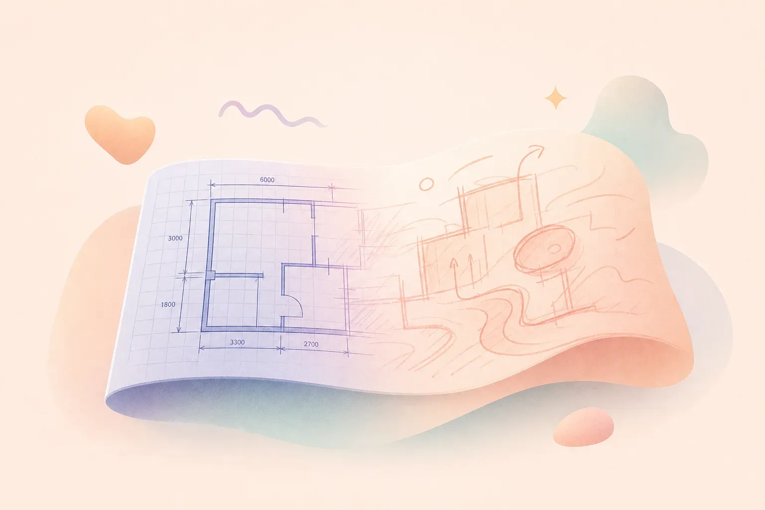 A clean architectural blueprint with crisp gridlines and dimension marks on the left, gradually tran