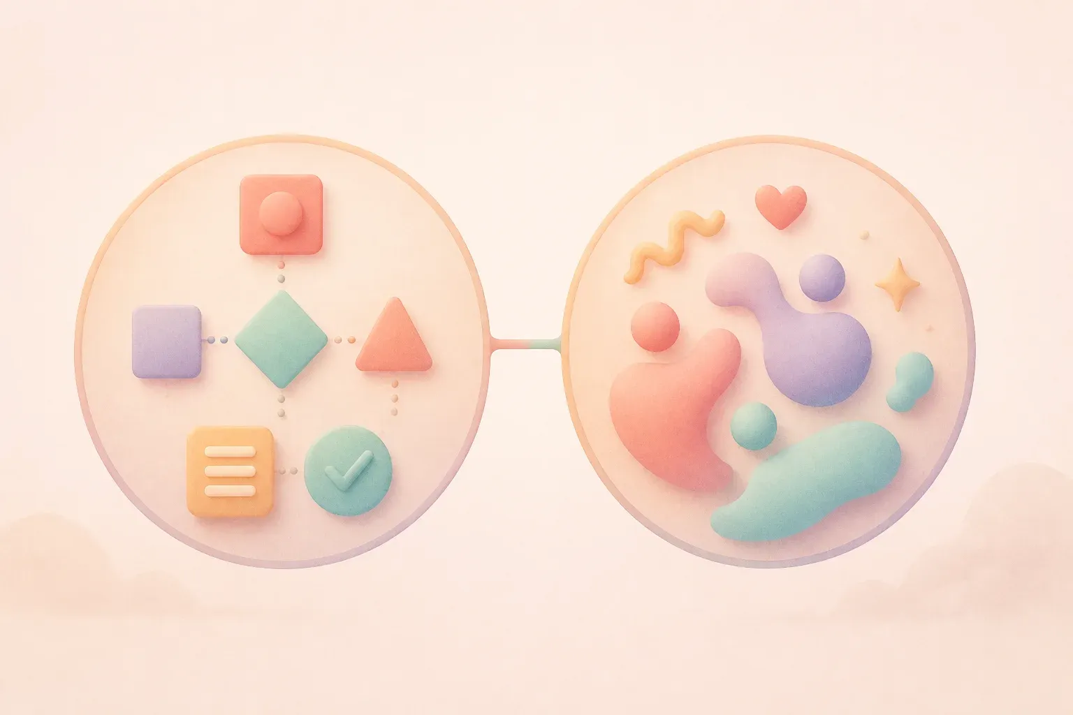 Two side-by-side circles, the left one filled with neat geometric shapes representing process, the r