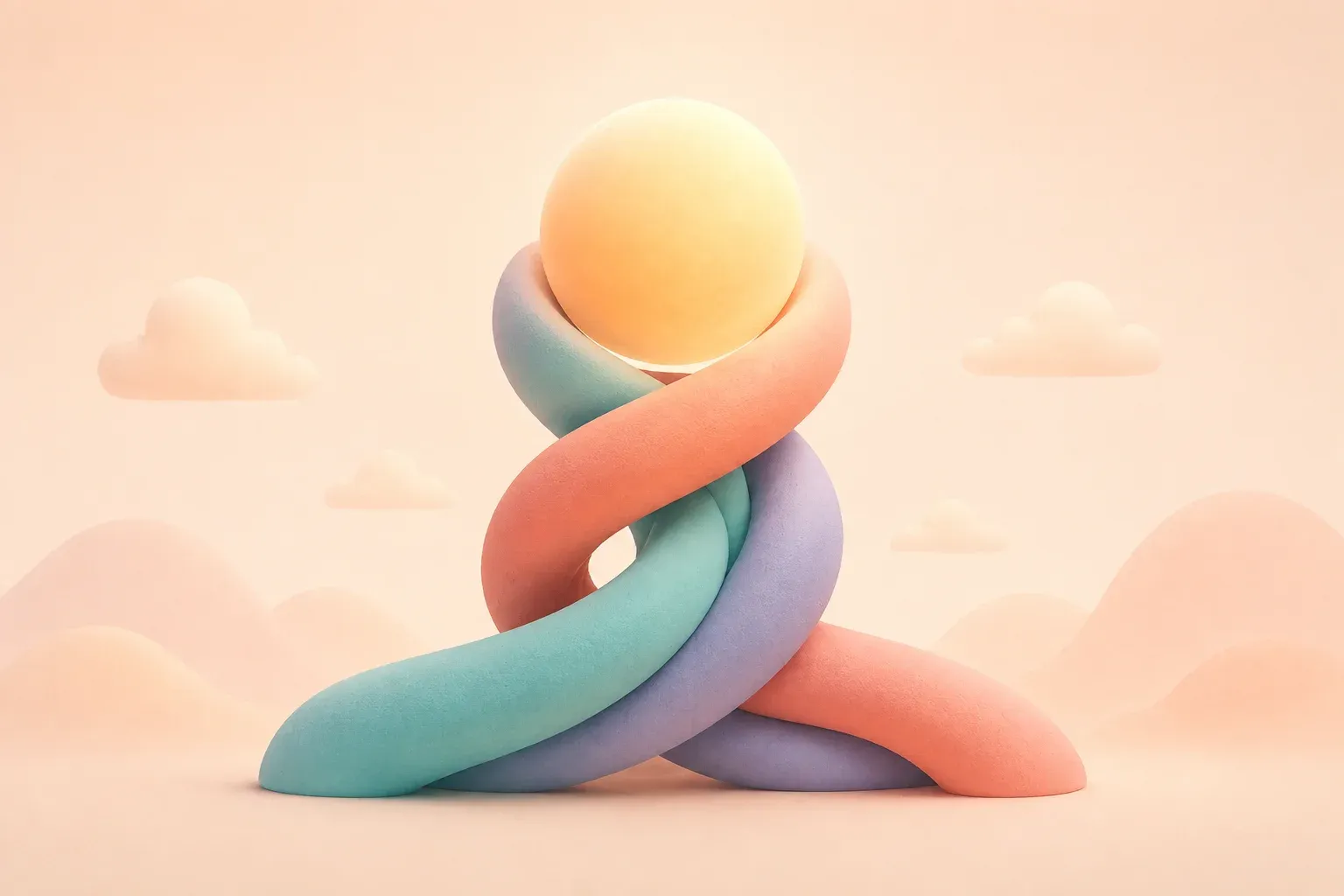 Three distinct clay streams weave together to support one glowing sphere, representing complementary work styles collaborating toward a shared result.