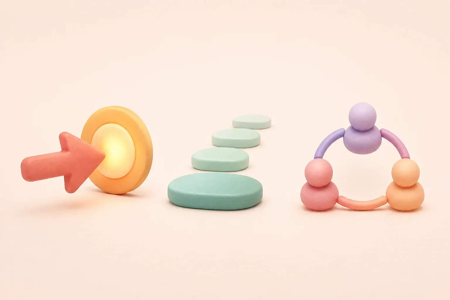 Three clay metaphors show a direct arrow reaching a target, ordered stepping stones, and three connected figures, representing Product, Process, and People work styles.