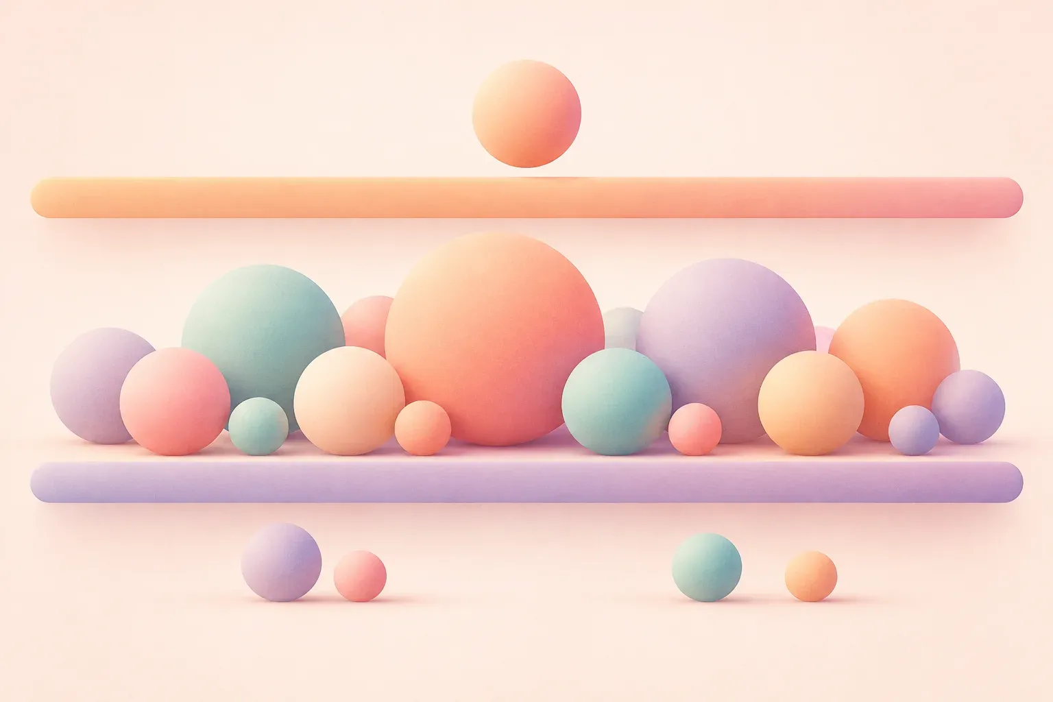 Two bars divide the space into three zones: a few spheres below the floor, many in the middle, one above the aspirational bar