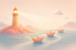 A warm lighthouse guides three paper boats across calm water, representing shared direction and renewed participation.