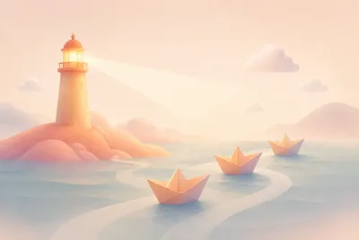 A warm lighthouse guides three paper boats across calm water, representing shared direction and renewed participation.